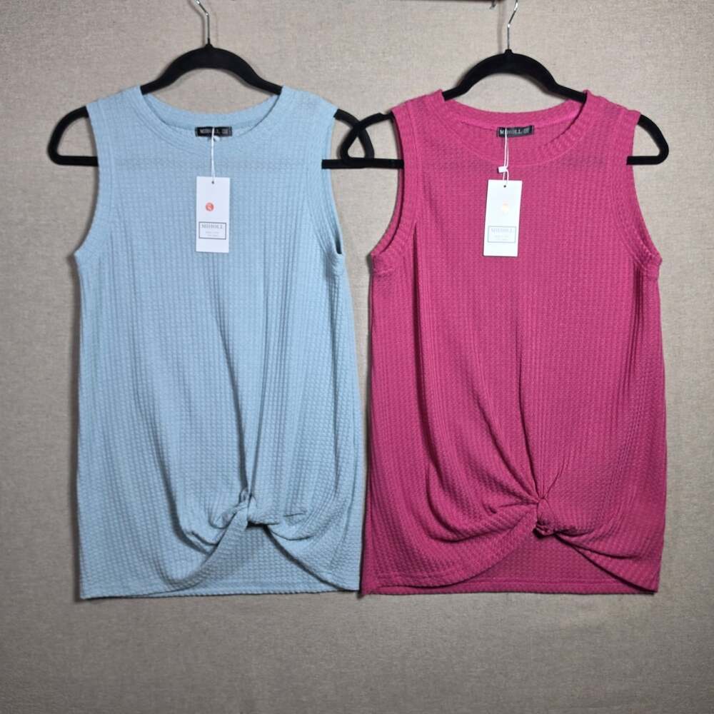 2 Miholl Womens Waffle Knit Tanks With Knot Tie Hem Size S NWT Blue Pink